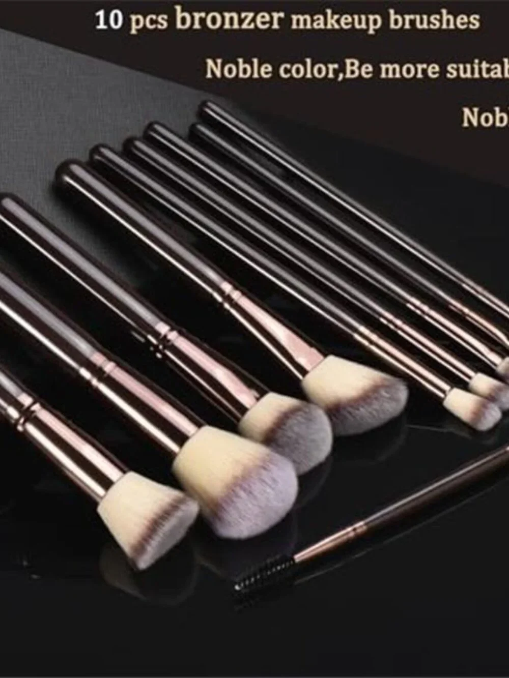 10 Piece Black brown Makeup Brushes Wooden Handle with Soft Synthetic Bristles